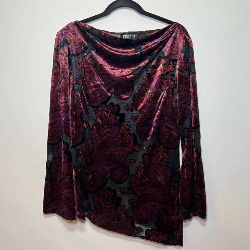 Studio I Burnout Velvet Paisley Burgundy Cowl-Neck Top Size 10